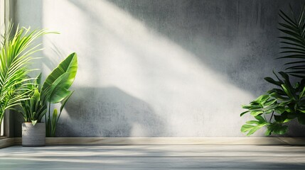 Poster - Sunlight illuminating empty room with plants and concrete wall