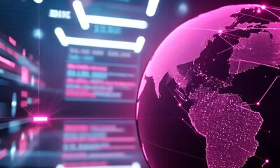 Poster - A futuristic globe with network connections in vibrant pink hues.