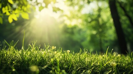 Fototapete - Lush green grass growing in the sunlight in a peaceful forest