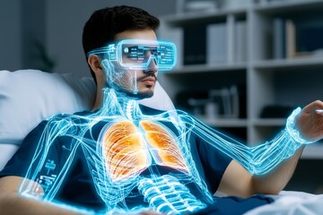 A futuristic depiction of a doctor using augmented reality to diagnose a patient, with holographic displays of organs and medical data