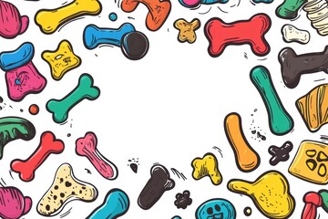 Poster - A vibrant assortment of doodle-style dog toys, treats, and bones is arranged on a white background, providing ample copy space. Generative AI