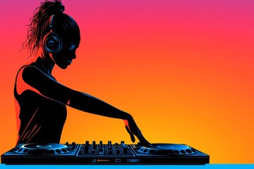 Aufkleber - A minimalist flat design of a female DJ silhouette wearing headphones, with clean lines and vibrant neon colors