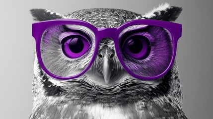 Owl in black and white illustration with big purple glasses, generative ai