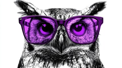 Owl in black and white illustration with big purple glasses, generative ai
