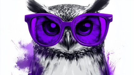 Owl in black and white illustration with big purple glasses, generative ai