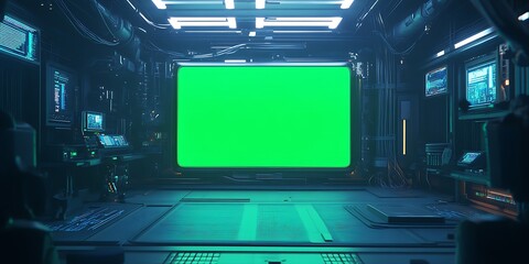 Canvas Print - Futuristic spaceship control room with green screen.