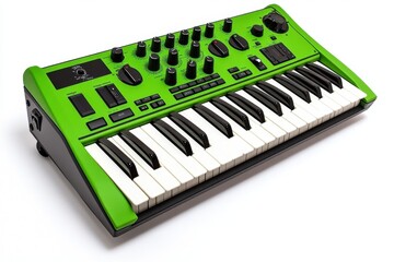 Poster - A versatile synthesizer with an array of digital controls and a full keyboard, set against a clean white background, ideal for electronic music production