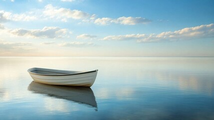 Aufkleber - A small boat rests peacefully on still waters under a soft blue sky, reflecting serene tranquility at dawn. Generative AI