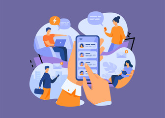 mobile phone user sharing news online, sending messages to friends, holding cellphone with contact l