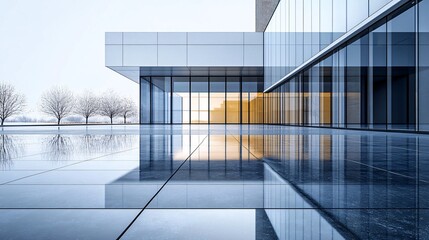 Aufkleber - Modern glass building reflecting on wet pavement at sunset