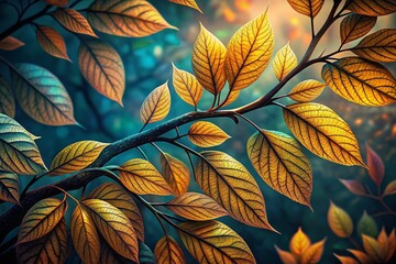 Wall Mural - Close-Up Illustration of a Tree Branch with Intricate Leaves Captured in Low Light, Showcasing Generative AI Technology for Nature Lovers and Photographers