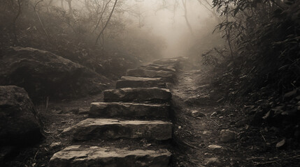 Wall Mural - Echoes of footsteps in the foggy mountain trails, a haunting reminder.