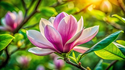 Wall Mural - Close-Up of a Beautiful Magnolia Flower Showcasing Its Delicate Petals and Vibrant Colors Against a Lush Green Background, Perfect for Nature and Floral Photography Enthusiasts