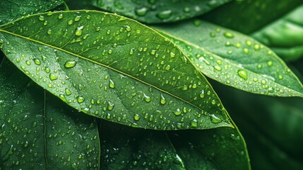 Wall Mural - Lush Green Leaves Glistening With Dew Drops