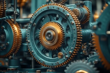 Wall Mural - close-up view of intricate teal and gold gears in a complex machine, showcasing industrial mechanics