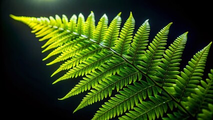 Wall Mural - Close-Up of a Lush Green Fern Plant Isolated on a Black Background, Highlighting Intricate Leaf Details and Textures for Nature and Botanical Photography Enthusiasts