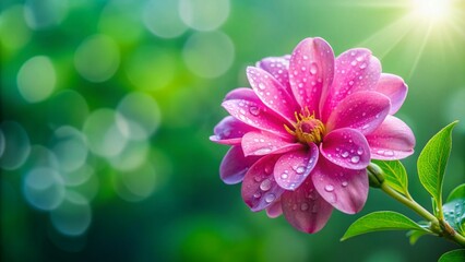 Wall Mural - Close-Up of a Pink Blossom with Dewdrops on Petals Set Against Lush Green Background for Nature Photography, Floral Art, and Botanical Imagery with Copy Space
