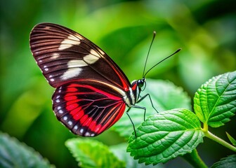 Wall Mural - Close-Up of a Striking Black and Red Butterfly with White Stripes Resting on Lush Green Leaves, Showcasing Nature's Beauty in a Minimalist Photography Style