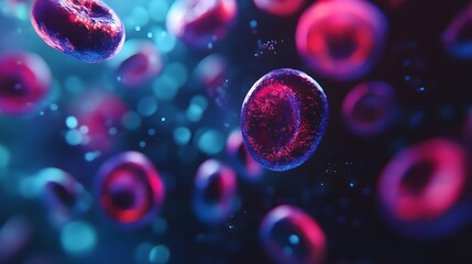 blood cells glowing in vibrant colors, their surfaces rippling like liquid, constantly changing shap
