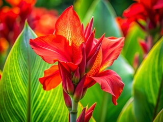 Wall Mural - Close Up of Canna 1 Lucifer Flower in Natural Light with Delicate Petals and Vibrant Colors Capturing the Essence of Nature's Beauty in a Candid Photography Style