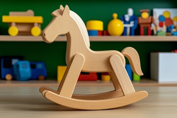 Wall Mural - an expansive playroom filled with vintage toys, where a classic wooden rocking horse stands in sharp