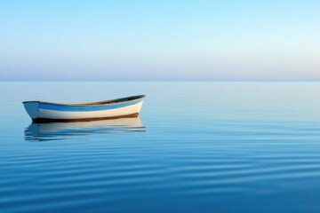 Fototapete - A solitary boat floats serenely on calm waters, creating a peaceful atmosphere with a clear expanse for customized text. Generative AI