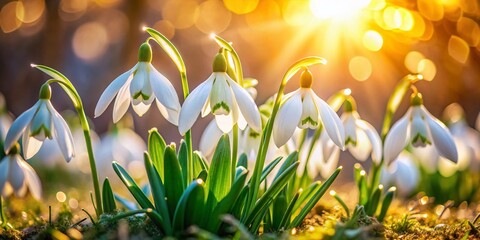 Wall Mural - Close-Up of Delicate Snowdrops Bathed in Spring Sunlight with Beautiful Bokeh Effect, Showcasing Nature's Beauty in Soft Light and Springtime Renewal
