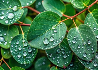 Wall Mural - Closeup of Fresh Green Eucalyptus Leaves with Raindrops, Capturing Nature's Beauty in Detail, Ideal for Use in Botanical, Eco-Friendly, and Wellness-Themed Projects