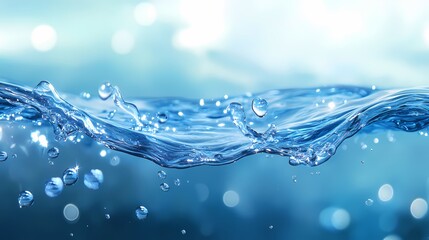 Wall Mural - A close-up of shimmering blue water with dynamic waves and droplets, capturing a serene and refreshing mood.