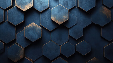 Textured blue hexagonal wall with metallic accents creates modern, minimalistic backdrop, perfect for product display or text overlay