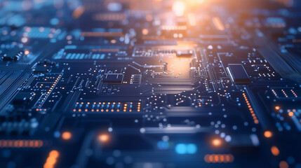 Close-up of electronic components on a development board, featuring detailed resistors, capacitors, and integrated circuits with a clean and professional blurred background. High-tech and engineering 