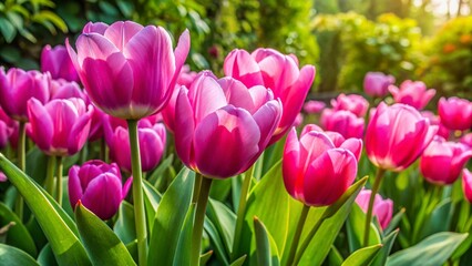 Wall Mural - Close-Up of Vibrant Pink Tulips Surrounded by Lush Green Leaves in a Fresh Garden Setting, Capturing Nature's Beauty and Serenity for Stock Photography
