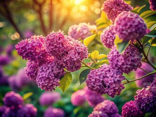 Wall Mural - Close-Up of Vibrant Purple Blossoms with Sunlight Filtering Through Tree Branches in Vintage Style Photography Capturing Nature's Beauty and Serenity