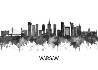 Wall Mural - Warsaw Poland Skyline BW, cityscape landscape watercolor abstract painting splash travel art illustration graphic design urban art modern downtown