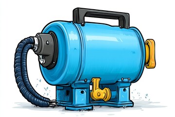 Aufkleber - A minimalist flat design of an air compressor with a coiled hose, illustrated in clean lines and soft blue tones against a white background