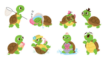 Wall Mural - Cartoon turtle. Funny turtles sleep walking screaming resting with cocktail. Different positive children mascots, isolated animal nowaday vector clipart