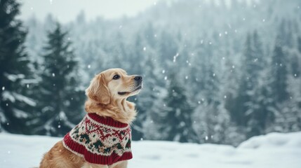 Poster - A cute dog wearing a cozy winter sweater sits peacefully in front of a beautiful snowy landscape, surrounded by tall trees. Generative AI