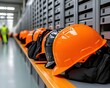 © nitnicha - A row of safety helmets in vibrant orange, lined on a shelf, highlighting workplace safety and preparedness in an industrial environment.