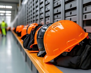 a row of safety helmets in vibrant orange, lined on a shelf, highlighting workplace safety and prepa