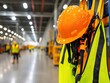 © nitnicha - A bright orange hard hat and safety vest hang in an industrial setting, emphasizing workplace safety and equipment in a busy environment.