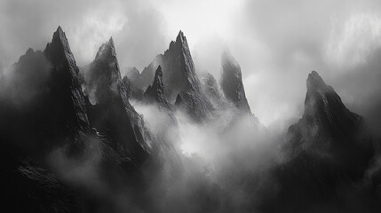 Wall Mural - Fog curling around jagged peaks, creating an ethereal atmosphere.