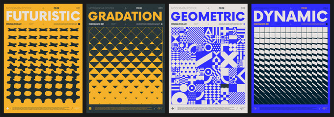 Leinwandbilder - Modern abstract artwork collection, vector minimalistic posters with geometric shapes, brutalism style inspired graphic, bold Y2k futuristic aesthetic, form distortion effect, color set 6