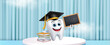 © NupRas Design - Pancarta dental de graduación de diente con pizarra, graduándose de la escuela dental, educación y éxito en el aprendizaje en línea