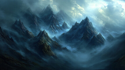 Wall Mural - Fog swirling around jagged mountain peaks, a dance of the unknown.