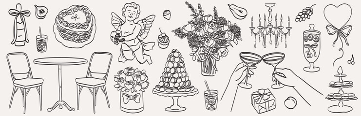 hand drawn chalk food illustrations. wedding or romantic dinner icons. wine or champagne glass, dess