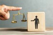 © dmitry - A hand holding a human justice scale on a wooden block, symbolizing business ethics and corporate compliance.