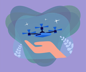 Wall Mural - drone flying above big human hand. person controlling electric toy or quadcopter flat vector illustr