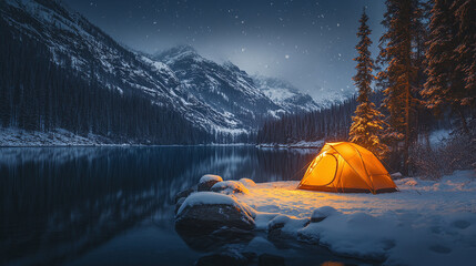 camping tent at night, winter snow in forest, illuminated shelter by river, mountain lake scene in n