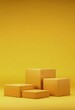 © Fuljan - Empty yellow cube pedestal on a 3D platform, set in a studio environment with geometric design for mockups and exhibition displays on an advertising backdrop. Created with generative AI technology