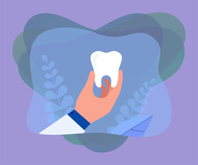 Wall Mural - hand of cartoon dentist holding big tooth. doctor with healthy tooth flat vector illustration. denti